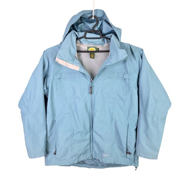 Cabela's Jackets & Blazers - Womens Cabelas Blue Hooded Rain Jacket Full Zip 100% Nylon Waterproof Size L